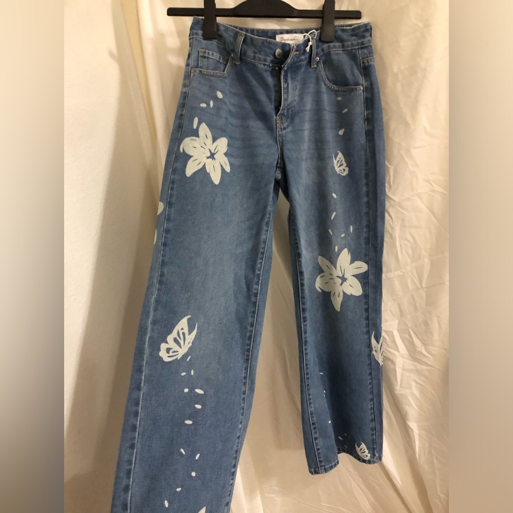 Daydreamer Flowers and butterflies print wide leg blue jeans size 3/26 brand new